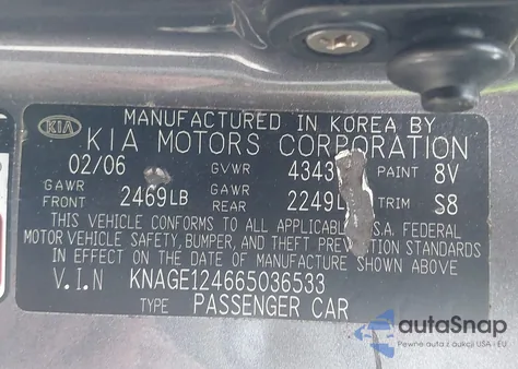 2006 Kia Optima Ex V6 (New)/Lx V6 (New) z USA, uszkodzony, nr VIN KNAGE124665036533